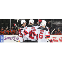 Binghamton Devils celebrate after a goal against the Lehigh Valley Phantoms