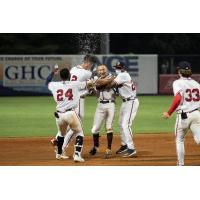 Rome Braves mob Andrew Moritz after his game-winning hit