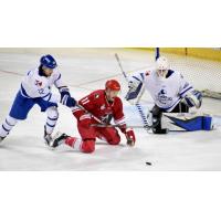 Wichita Thunder goaltender Evan Weninger keeps an eye on the puck against the Allen Americans