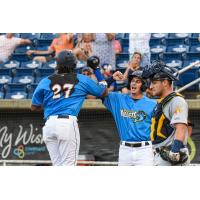 Jerar Encarnacion of the Pensacola Blue Wahoos scores after his home run