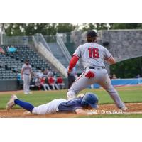 New York Boulders' Phil Caulfield uses a headfirst slide to beat the throw to first