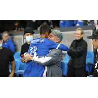 Chris Wondolowski of the San Jose Earthquakes celebrates his 400th MLS appearance with his father