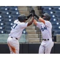 Juan De Leon congratulates Cooper Bowman after Bowman's grand slam for the Tampa Tarpons