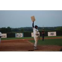Chandler Simpson of the Fond du Lac Dock Spiders celebrates his stolen base record