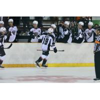 Vancouver Giants right wing Payton Mount receives congratulations after a goal against the Prince George Cougars