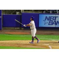 Mark Payton of the Syracuse Mets watches his home run ball fly out of the ballpark on Wednesday night