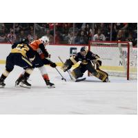 Erie Otters goaltender Nolan LaLonde faces the Flint Firebirds