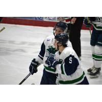 North Iowa Bulls forwards Carter Rapalje (foreground) and Chris Carroll