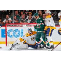 Former Orlando Solar Bears goaltender Connor Ingram makes a save for the Nashville Predators