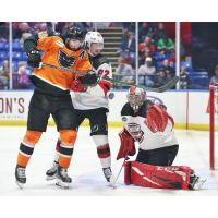 Lehigh Valley Phantoms left wing Garrett Wilson tries to direct a puck vs. the Utica Comets