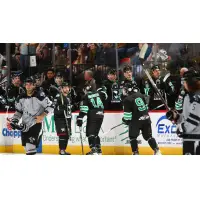 Binghamton Black Bears exchange congratulations after a goal against the Delaware Thunder
