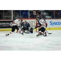 Vancouver Giants goaltender Jesper Vikman faces a shot from the Portland Winterhawks