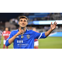 San Jose Earthquakes captain Chris Wondolowski addresses the crowd after playing and scoring in his final MLS match