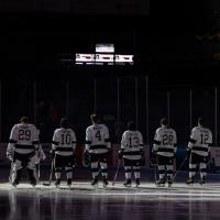 Muskegon Lumberjacks line up for the National Anthem