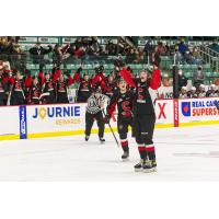 Prince George Cougars defenceman Bauer Dumanski celebrates against the Vancouver Giants