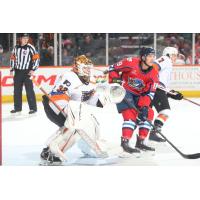Springfield Thunderbirds left wing Mackenzie MacEachern in front of the Lehigh Valley Phantoms net