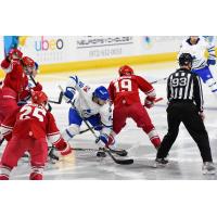 Allen Americans left wing Jared Bethune (right) in the face off circle against hte Wichita Thunder