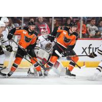 Lehigh Valley Phantoms center Cal O'Reilly (left) and left wing Isaac Ratcliffe vs. the Hershey Bears