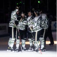 Muskegon Lumberjacks celebrate a goal