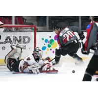 Arshdeep Bains of the Red Deer Rebels (right) vs. the Calgary Hitmen