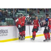 Prince George Cougars celebrate a goal against the Tri-City Americans