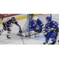 Wichita Thunder goaltender Evan Buitenhuis and his defense vs. the Tulsa Oilers