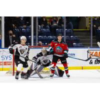 Kelowna Rockets left wing Gabriel Szturc in front of the Vancouver Giants goal