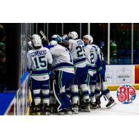 Swift Current Broncos react after the overtime winner against the Prince Albert Raiders