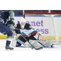 Kelowna Rockets goaltender Talyn Boyko eyes a puck against the Seattle Thunderbirds