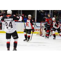 Prince George Cougars centre Craig Armstrong reacts after a goal against the Kelowna Rockets