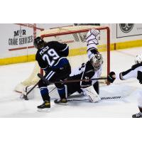 Vancouver Giants goaltender Will Gurski lunges to stop the Victoria Royals