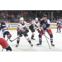 Lehigh Valley Phantoms defenseman Wyatte Wylie (left) vs. the Hartford Wolf Pack