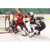 Vancouver Giants defenders and goaltender Connor Martin vs. the Prince George Cougars