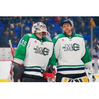 Maine Mariners goaltenders Jeremy Brodeur (left) and Callum Booth