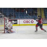 Andrew Cristall of the Kelowna Rockets takes a shot against the Kamloops Blazers