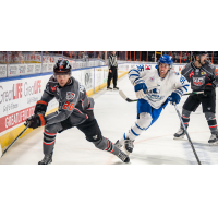 Wichita Thunder defenseman Nick Minerva (right) vs. the Kansas City Mavericks