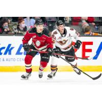 Red Deer Rebels defenceman Christoffer Sedoff (left) vs. the Calgary Hitmen