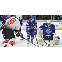 Wichita Thunder goalkeeper Jake Theut and defenseman Nick Minerva