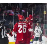 Spencer Asuchak of the Allen Americans following a goal