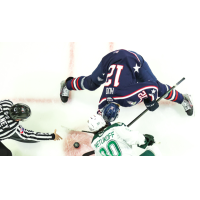 Tri-City Americans centre Samuel Huo in the faceoff circle vs. the Everett Silvertips