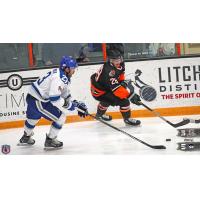 Danbury Hat Tricks forward Dmitry Kuznetsov (right) vs. the Watertown Wolves