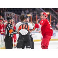 Allen Americans defenseman Darian Skeoch (right) vs. the Kansas City Mavericks