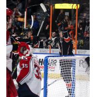 Allen Americans watch as Kansas City Mavericks celebrate a goal