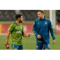 Jordan Morris and Cristian Roldan of Seattle Sounders FC