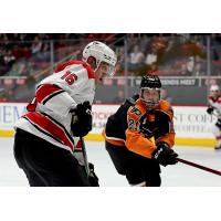 Lehigh Valley Phantoms right wing Linus Sandin (right) vs. the Charlotte Checkers