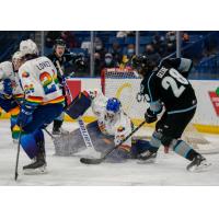 Winnipeg ICE centreman Conor Geekie (right) vs. the Saskatoon Blades