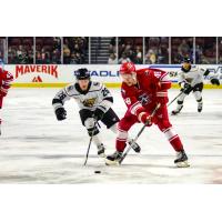 Allen Americans right wing Dawson Butt (right) vs. the Utah Grizzlies