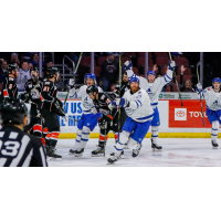 Wichita Thunder celebrate after a score against the Kansas City Mavericks