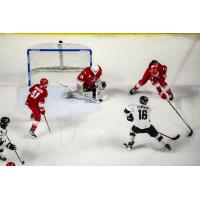 Allen Americans goaltender Hayden Lavigne prepares for a shot