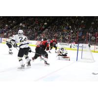 Wheeling Nailers goaltender Stefanos Lekkas smothers a Cincinnati Cylones shot